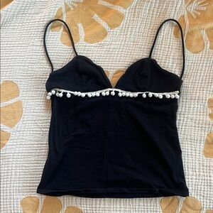 Indah Black Camisole with White Pom Trim